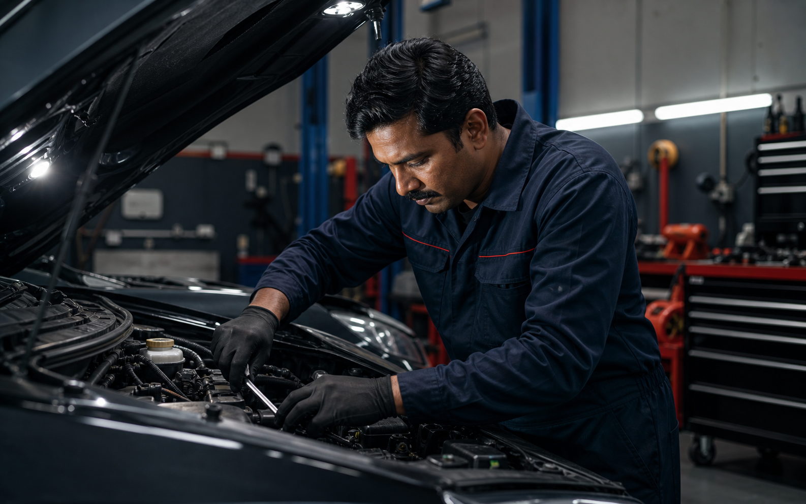 Indian senior mechanic repairing a car engine